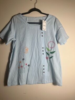 E Retro Blue Embroidered Floral‎ Top Cottagecore Button Front Women Blouse